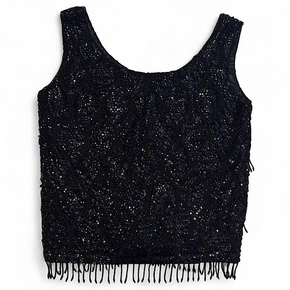Tops - VTG 60s Beaded Sequin Wool Tank Top Black Fringe Flapper Hong Kong S